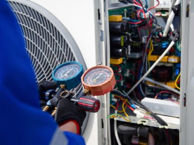 Air conditioner service .The air conditioner technician is using a gauge to measure the refrigerant pressure. air compressor. commercial heating maintenance epping